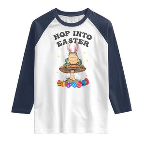 Funny Hop Into Easter Raglan Shirt Easter Day Frog Bunny Egg TS11 White Navy Print Your Wear