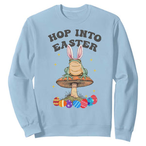Funny Hop Into Easter Sweatshirt Easter Day Frog Bunny Egg TS11 Light Blue Print Your Wear