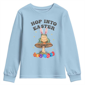 Funny Hop Into Easter Youth Sweatshirt Easter Day Frog Bunny Egg TS11 Light Blue Print Your Wear