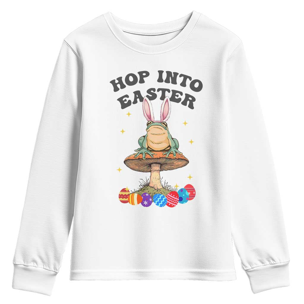 Funny Hop Into Easter Youth Sweatshirt Easter Day Frog Bunny Egg TS11 White Print Your Wear