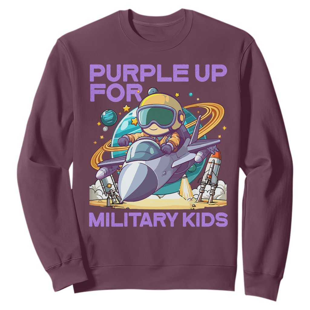Purple Up For Military Kids Sweatshirt Military Child Month Astronaut Fights TS11 Maroon Print Your Wear