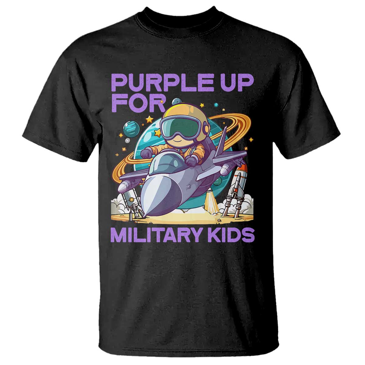 Purple Up For Military Kids T Shirt Military Child Month Astronaut Fights TS11 Black Print Your Wear