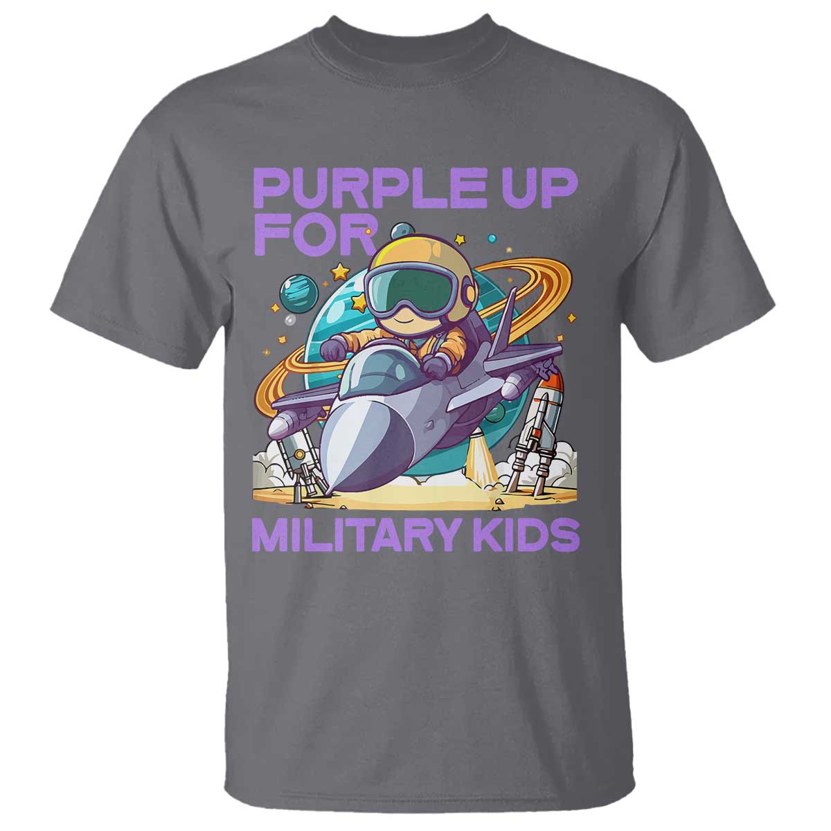 Purple Up For Military Kids T Shirt Military Child Month Astronaut Fights TS11 Charcoal Print Your Wear