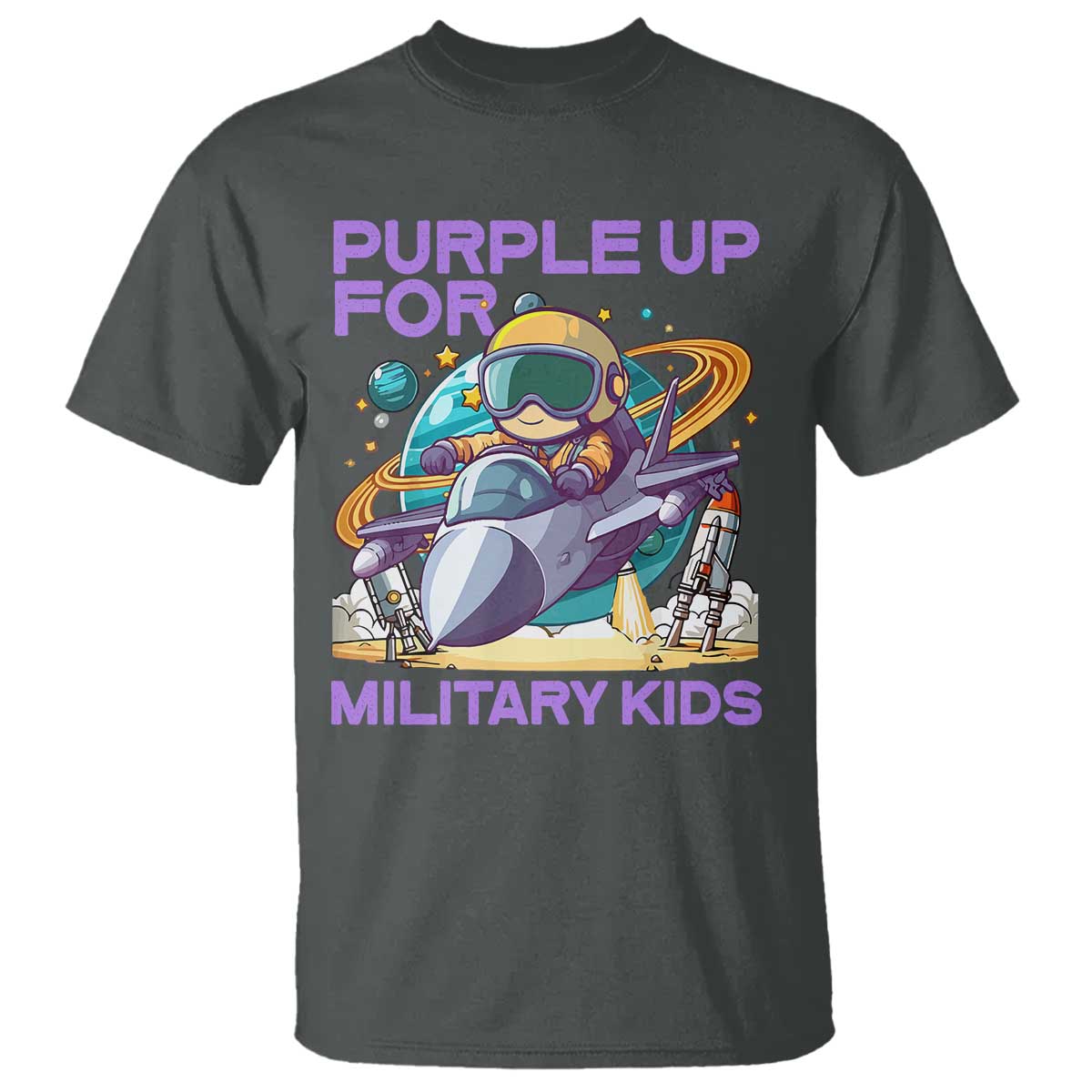 Purple Up For Military Kids T Shirt Military Child Month Astronaut Fights TS11 Dark Heather Print Your Wear