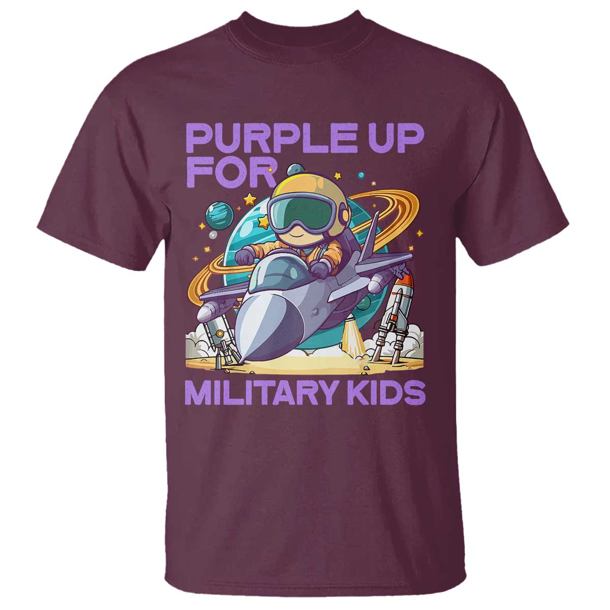 Purple Up For Military Kids T Shirt Military Child Month Astronaut Fights TS11 Maroon Print Your Wear