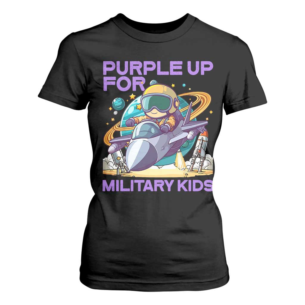 Purple Up For Military Kids T Shirt For Women Military Child Month Astronaut Fights TS11 Black Print Your Wear