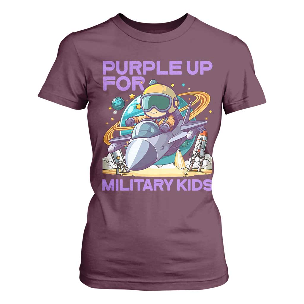 Purple Up For Military Kids T Shirt For Women Military Child Month Astronaut Fights TS11 Maroon Print Your Wear