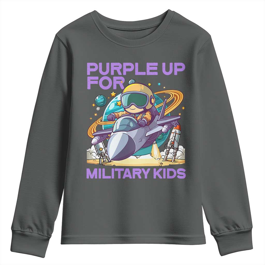 Purple Up For Military Kids Youth Sweatshirt Military Child Month Astronaut Fights TS11 Dark Heather Print Your Wear