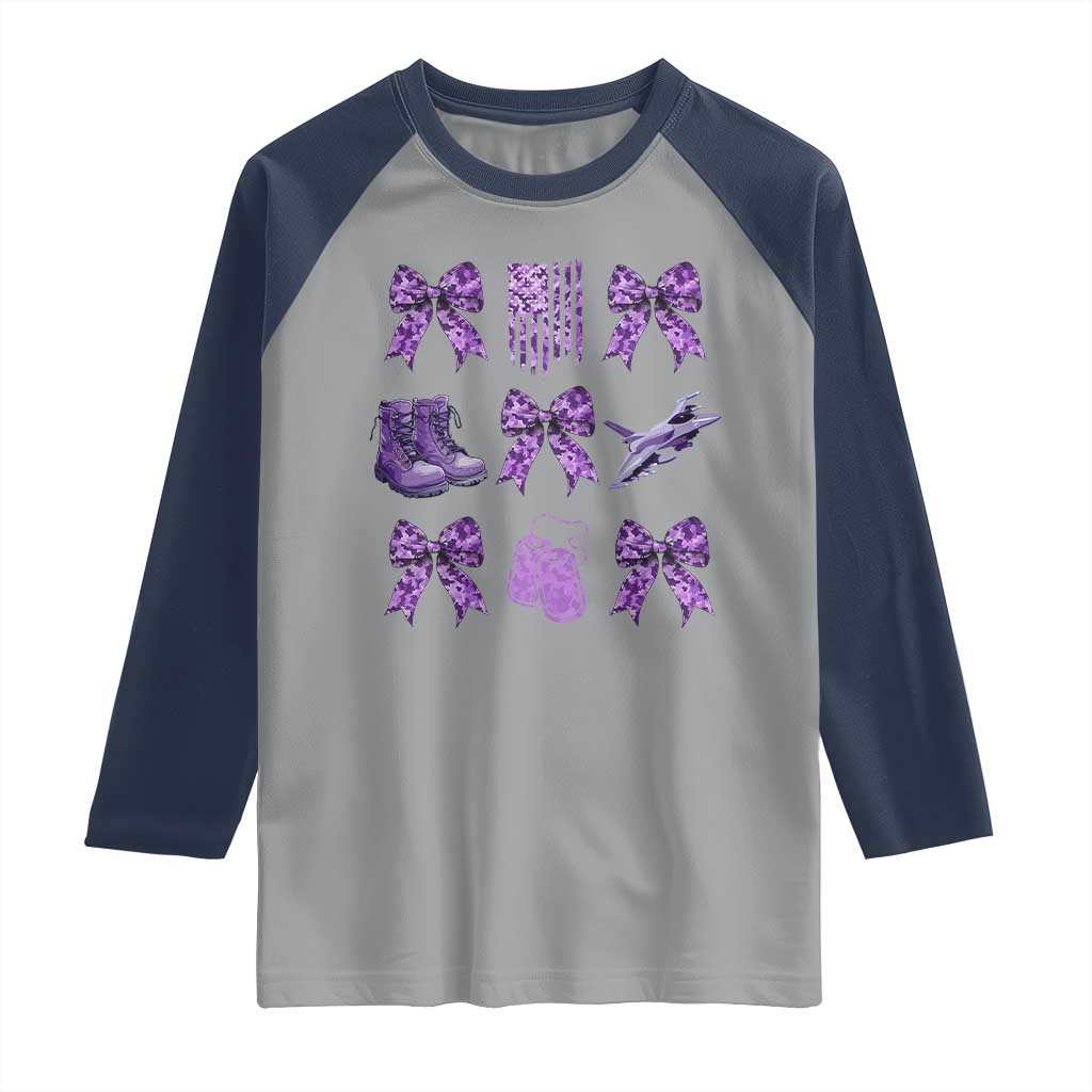 Military Kid Month Camo Coquette Bow Raglan Shirt TS11 Sport Gray Navy Print Your Wear