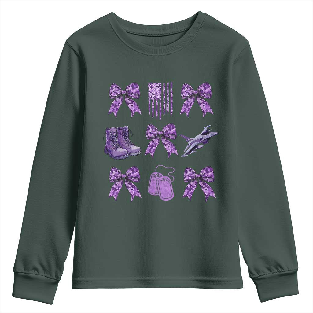 Military Kid Month Camo Coquette Bow Youth Sweatshirt TS11 Dark Forest Green Print Your Wear