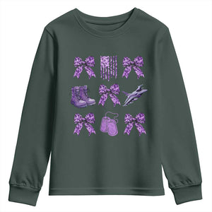 Military Kid Month Camo Coquette Bow Youth Sweatshirt TS11 Dark Forest Green Print Your Wear