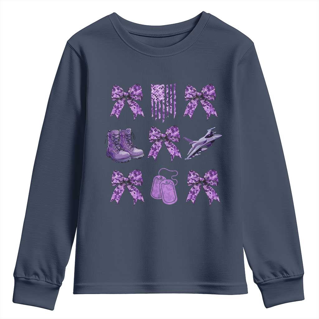 Military Kid Month Camo Coquette Bow Youth Sweatshirt TS11 Navy Print Your Wear