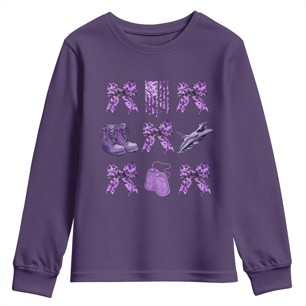 Military Kid Month Camo Coquette Bow Youth Sweatshirt TS11 Purple Print Your Wear