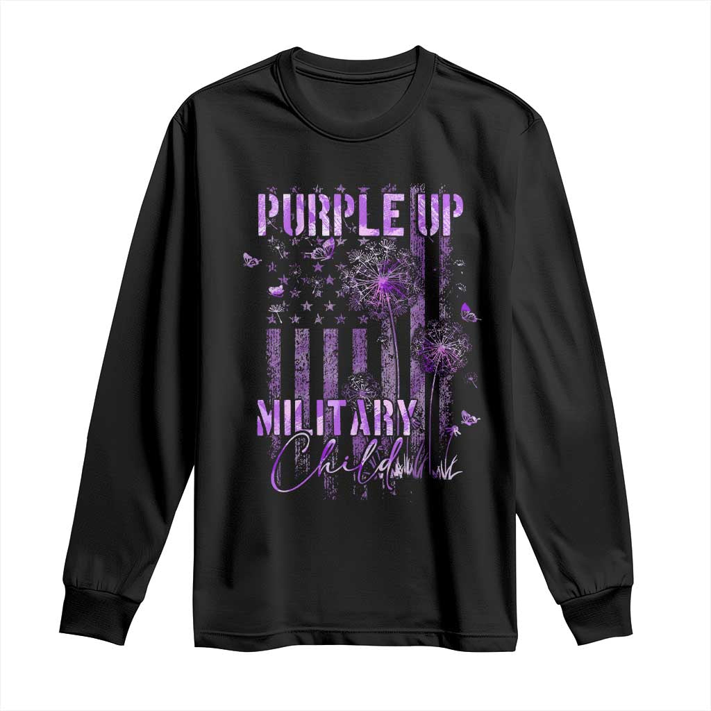 Purple Up Military Child Long Sleeve Shirt Dandelion Vintage American Flag Military Child Month TS11 Black Print Your Wear