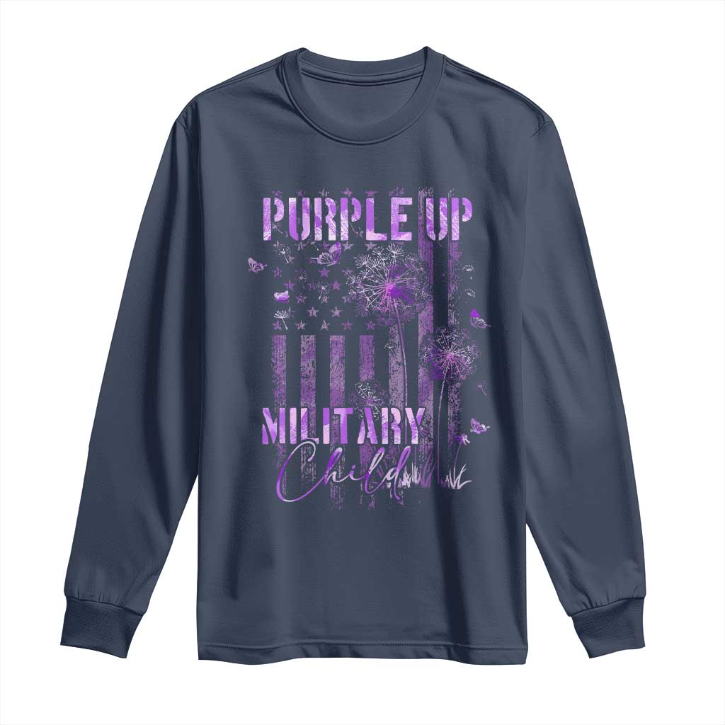 Purple Up Military Child Long Sleeve Shirt Dandelion Vintage American Flag Military Child Month TS11 Navy Print Your Wear