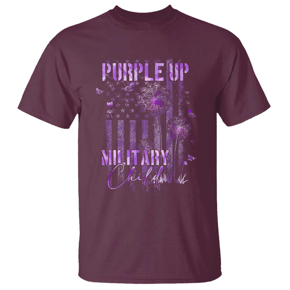 Purple Up Military Child T Shirt Dandelion Vintage American Flag Military Child Month TS11 Maroon Print Your Wear