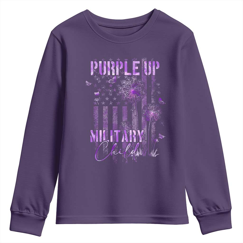 Purple Up Military Child Youth Sweatshirt Dandelion Vintage American Flag Military Child Month TS11 Purple Print Your Wear