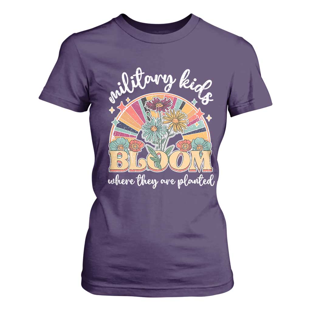 Military Kids Bloom Where They Are Planted T Shirt For Women Military Child Month Retro Vintage Flowers TS11 Purple Print Your Wear