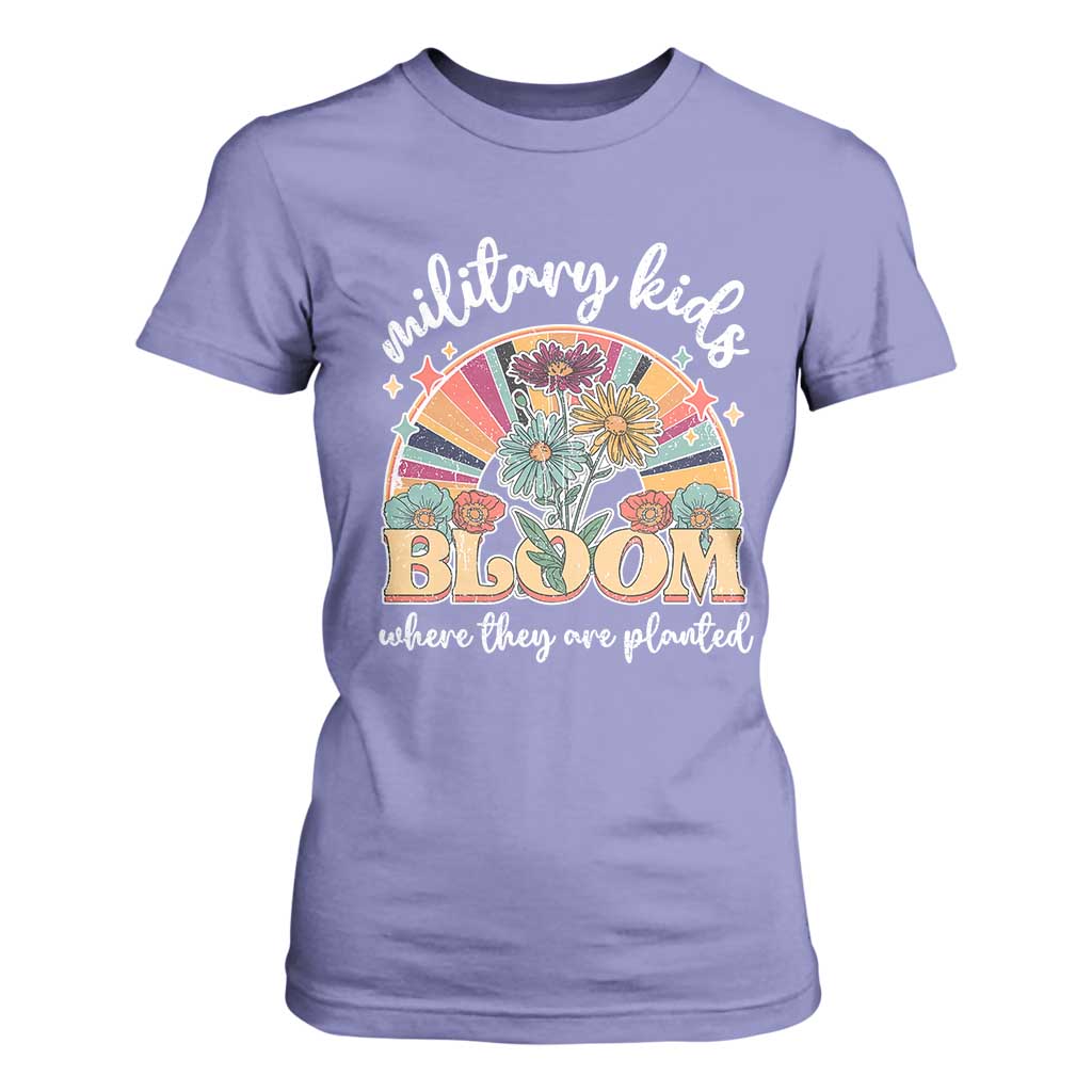 Military Kids Bloom Where They Are Planted T Shirt For Women Military Child Month Retro Vintage Flowers TS11 Violet Print Your Wear