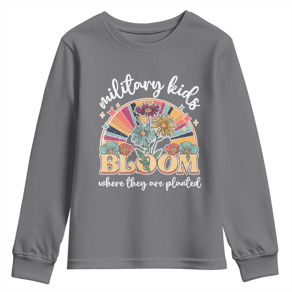 Military Kids Bloom Where They Are Planted Youth Sweatshirt Military Child Month Retro Vintage Flowers TS11 Charcoal Print Your Wear
