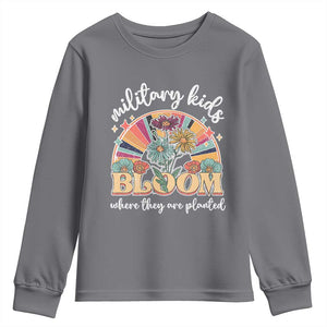 Military Kids Bloom Where They Are Planted Youth Sweatshirt Military Child Month Retro Vintage Flowers TS11 Charcoal Print Your Wear
