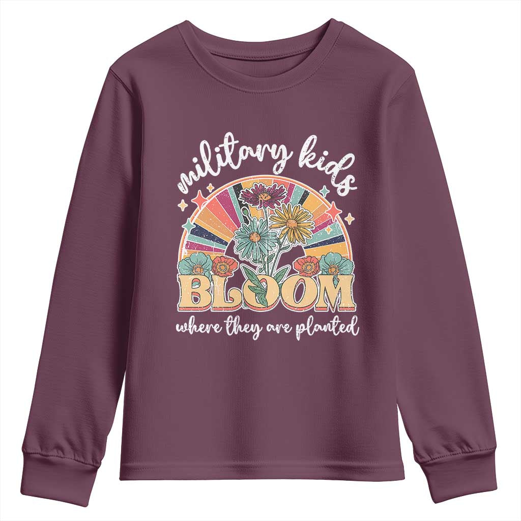 Military Kids Bloom Where They Are Planted Youth Sweatshirt Military Child Month Retro Vintage Flowers TS11 Maroon Print Your Wear