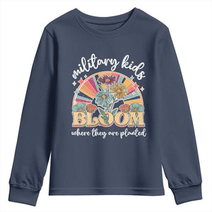 Military Kids Bloom Where They Are Planted Youth Sweatshirt Military Child Month Retro Vintage Flowers TS11 Navy Print Your Wear