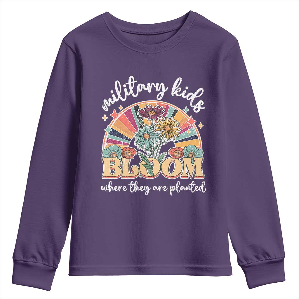 Military Kids Bloom Where They Are Planted Youth Sweatshirt Military Child Month Retro Vintage Flowers TS11 Purple Print Your Wear