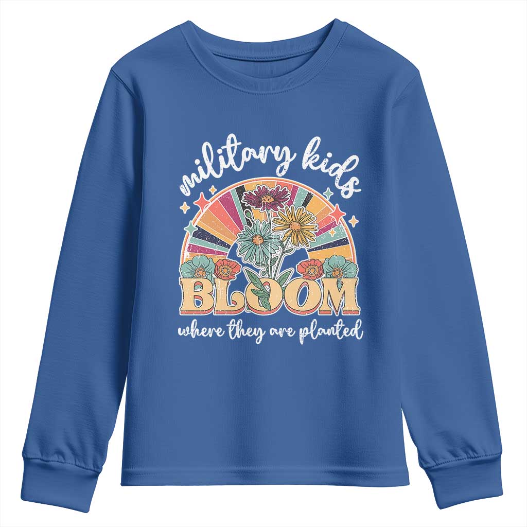 Military Kids Bloom Where They Are Planted Youth Sweatshirt Military Child Month Retro Vintage Flowers TS11 Royal Blue Print Your Wear
