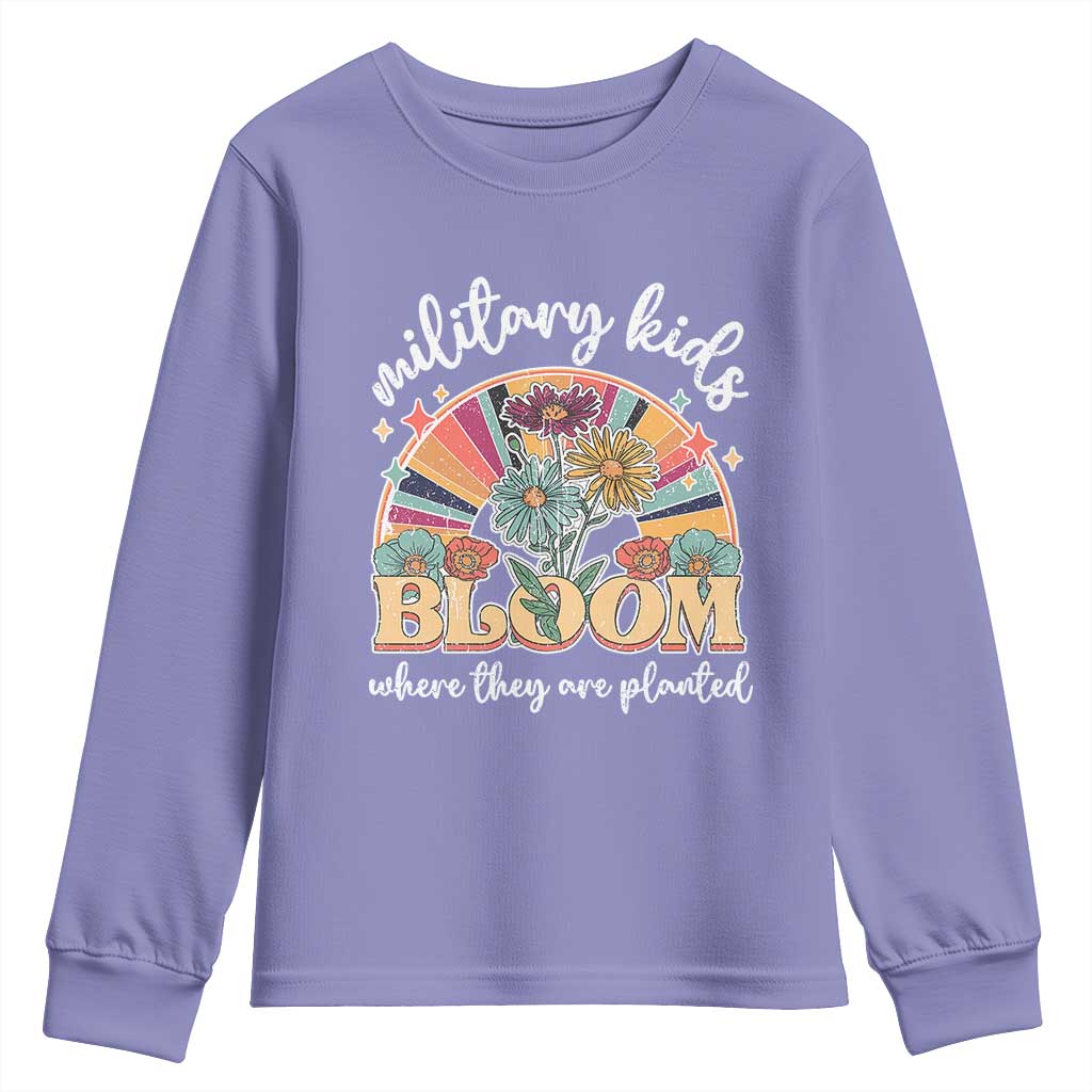 Military Kids Bloom Where They Are Planted Youth Sweatshirt Military Child Month Retro Vintage Flowers TS11 Violet Print Your Wear