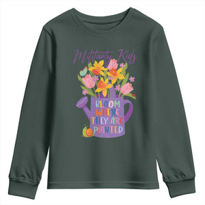 Military Kids Bloom Where They Are Planted Youth Sweatshirt Military Child Month Flower TS11 Dark Forest Green Print Your Wear