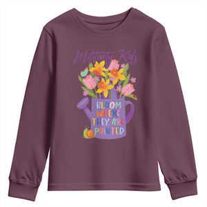 Military Kids Bloom Where They Are Planted Youth Sweatshirt Military Child Month Flower TS11 Maroon Print Your Wear