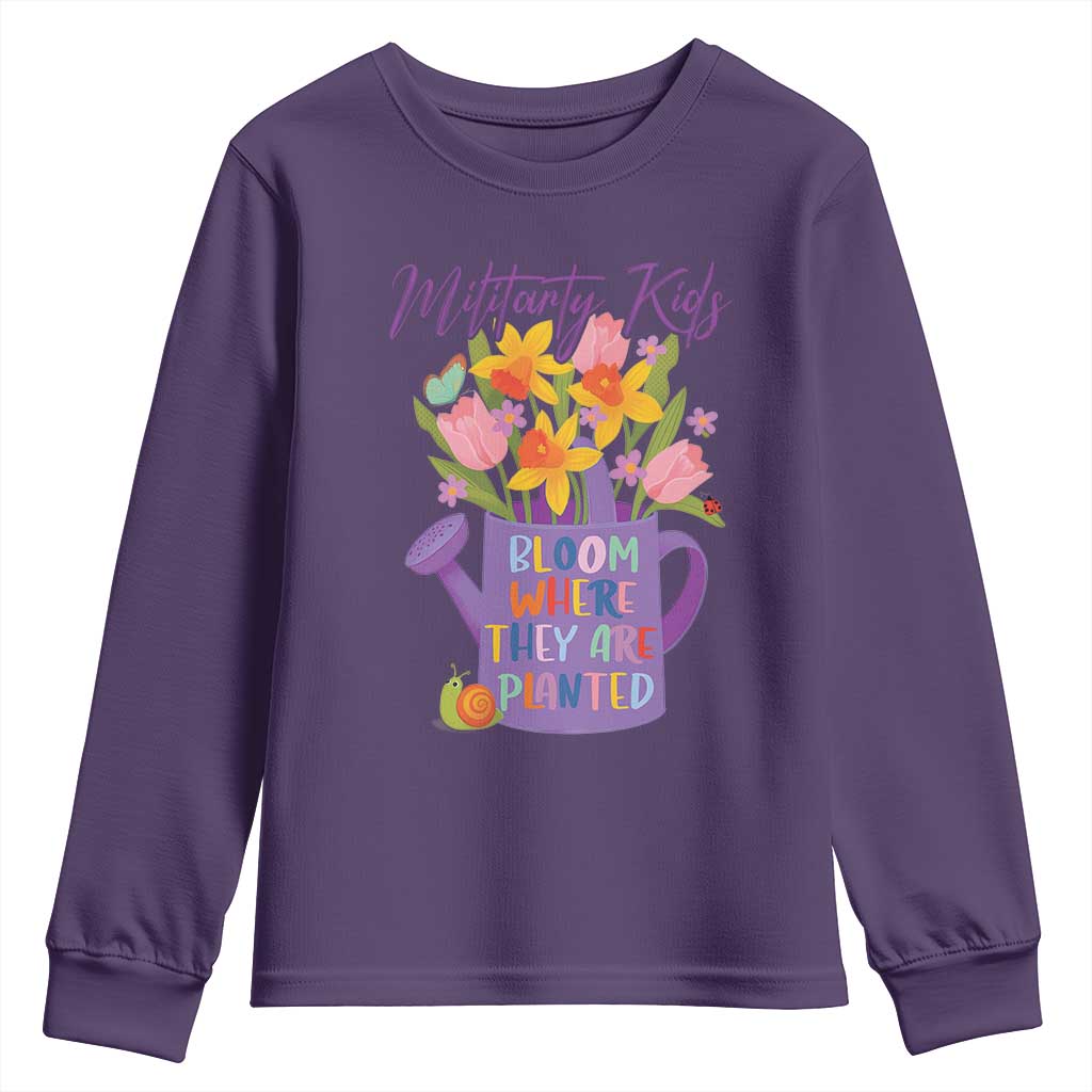 Military Kids Bloom Where They Are Planted Youth Sweatshirt Military Child Month Flower TS11 Purple Print Your Wear
