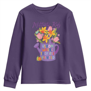 Military Kids Bloom Where They Are Planted Youth Sweatshirt Military Child Month Flower TS11 Purple Print Your Wear