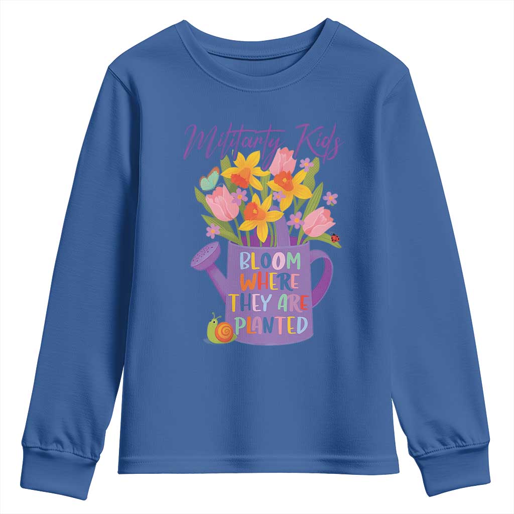 Military Kids Bloom Where They Are Planted Youth Sweatshirt Military Child Month Flower TS11 Royal Blue Print Your Wear