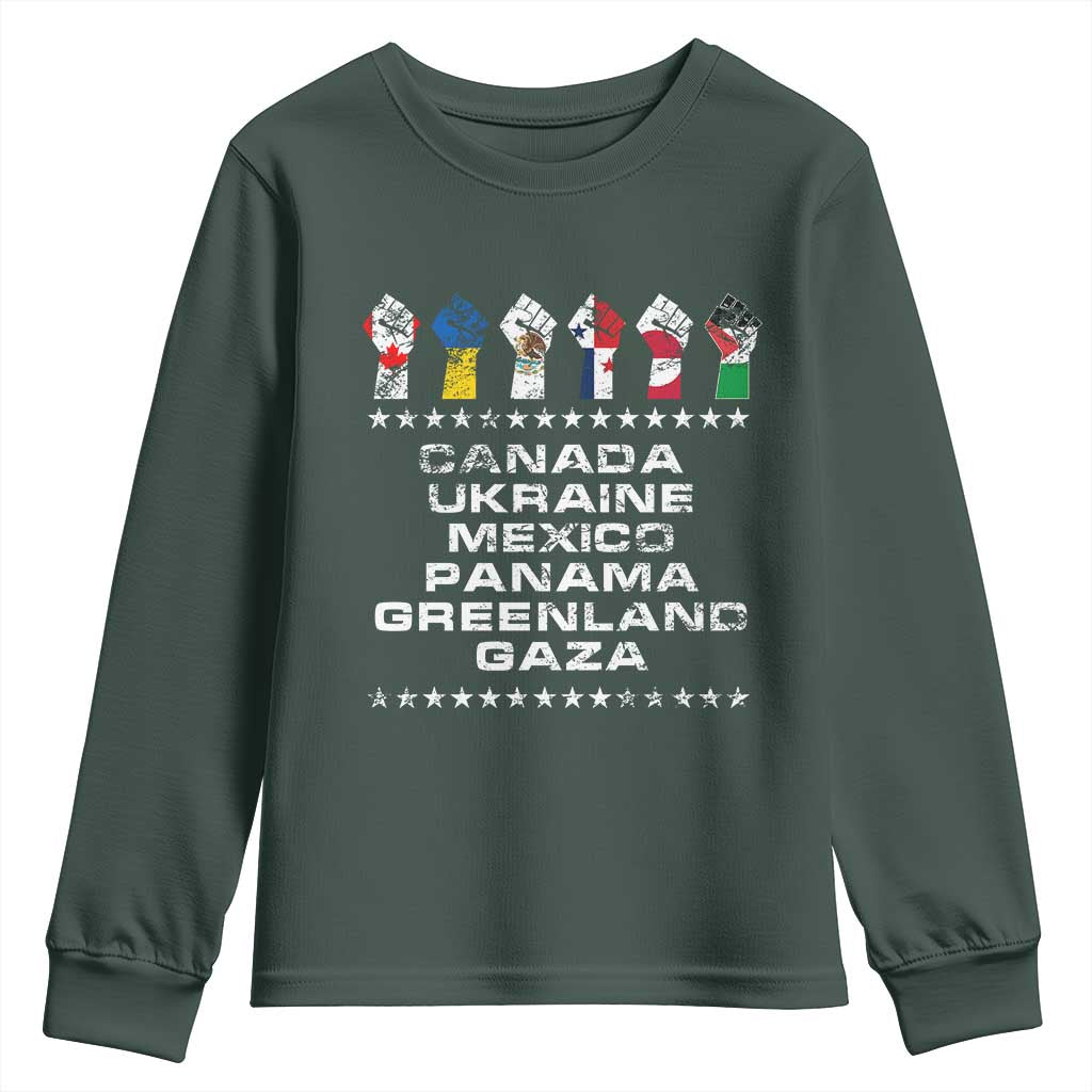 Canada Greenland Mexico Panama Gaza Ukraine Pride Youth Sweatshirt Hand Fist TS11 Dark Forest Green Print Your Wear