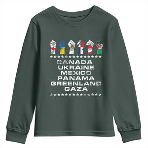 Canada Greenland Mexico Panama Gaza Ukraine Pride Youth Sweatshirt Hand Fist TS11 Dark Forest Green Print Your Wear