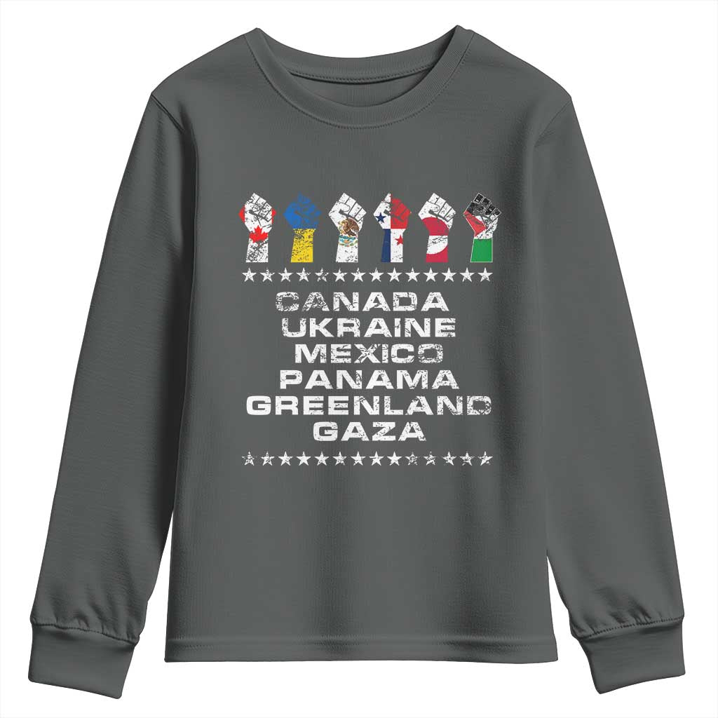 Canada Greenland Mexico Panama Gaza Ukraine Pride Youth Sweatshirt Hand Fist TS11 Dark Heather Print Your Wear