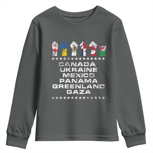 Canada Greenland Mexico Panama Gaza Ukraine Pride Youth Sweatshirt Hand Fist TS11 Dark Heather Print Your Wear