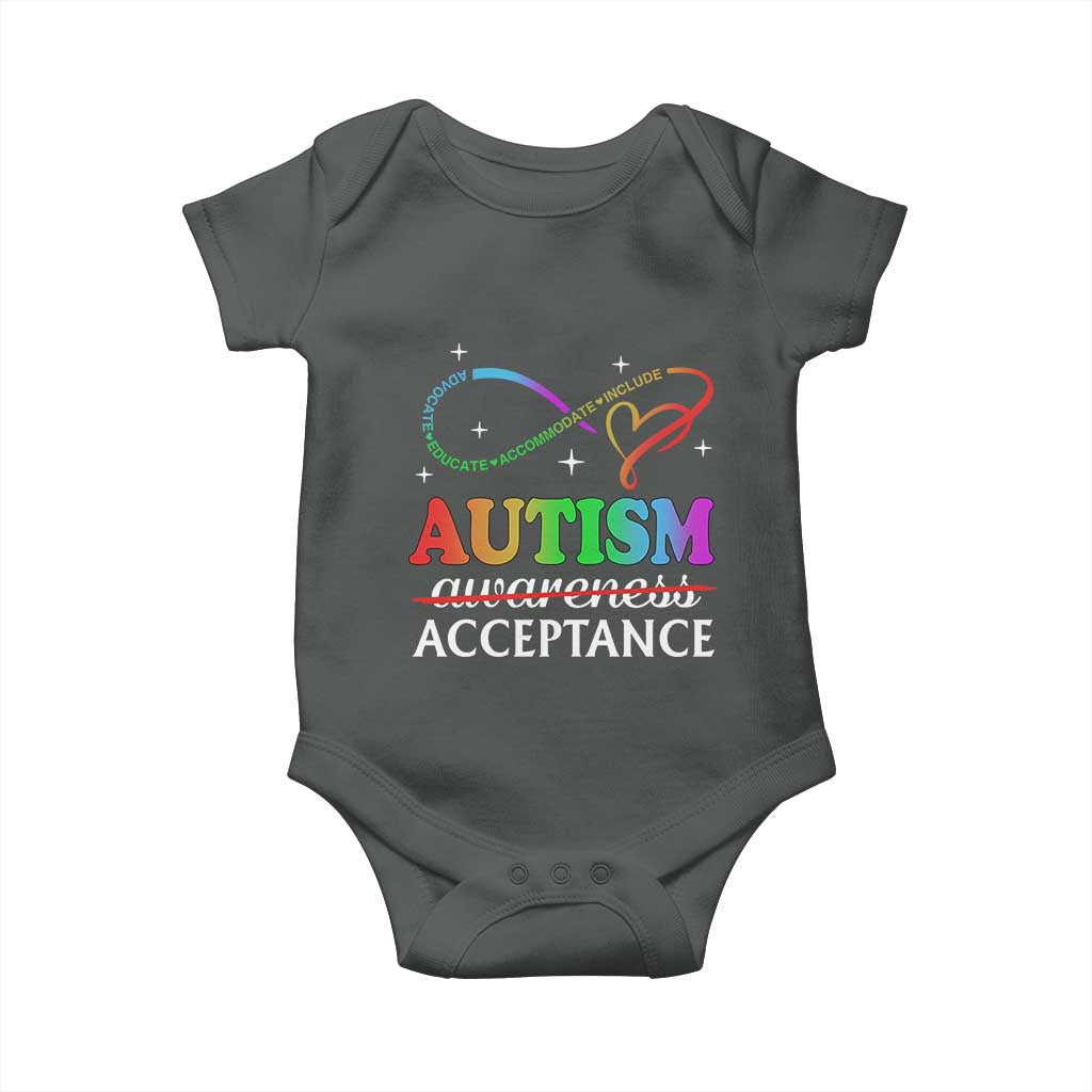 Autism Awareness Acceptance Baby Onesie Advocate Educate Accommodate Include Infinity Symbol TS11 Dark Heather Print Your Wear