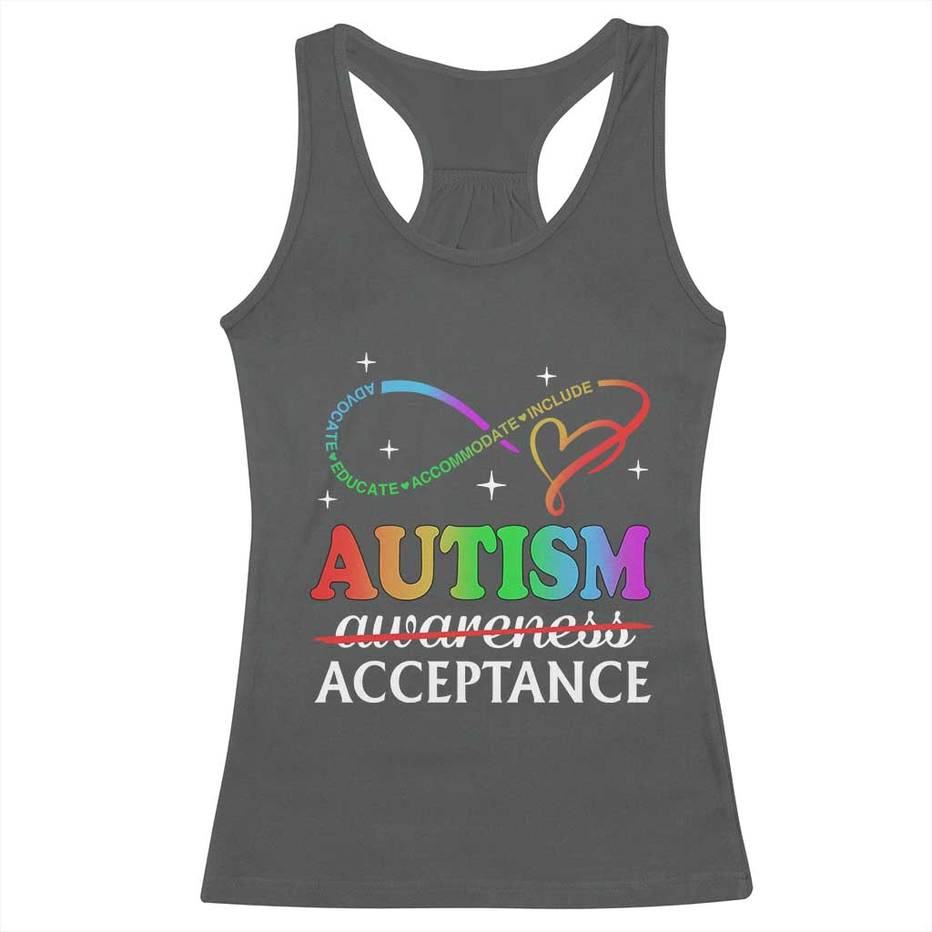 Autism Awareness Acceptance Racerback Tank Top Advocate Educate Accommodate Include Infinity Symbol TS11 Dark Heather Print Your Wear
