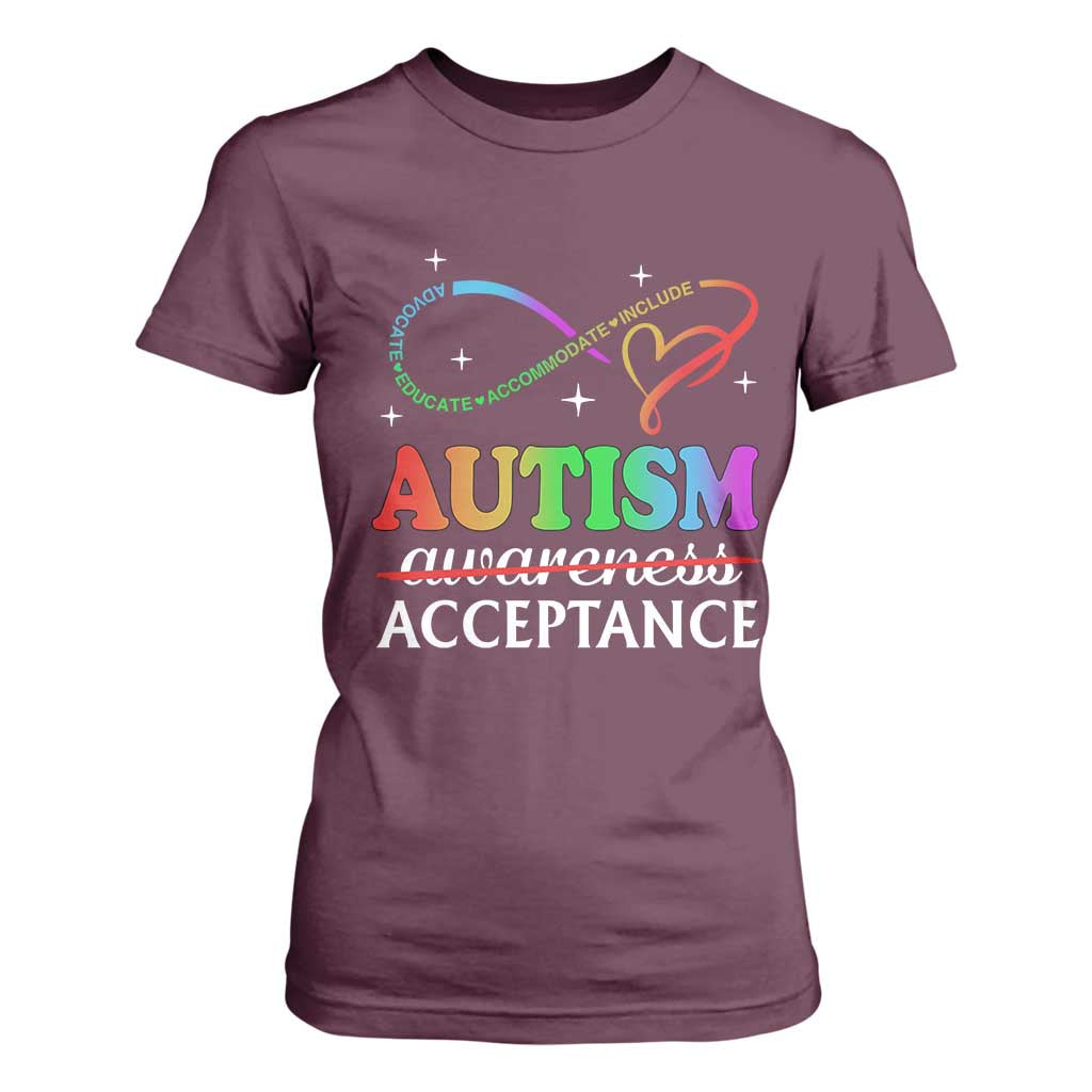 Autism Awareness Acceptance T Shirt For Women Advocate Educate Accommodate Include Infinity Symbol TS11 Maroon Print Your Wear
