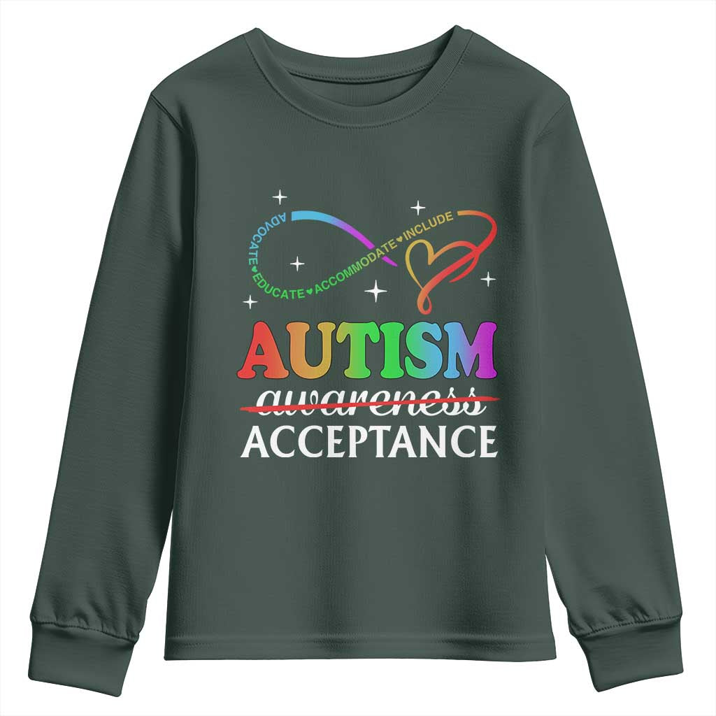 Autism Awareness Acceptance Youth Sweatshirt Advocate Educate Accommodate Include Infinity Symbol TS11 Dark Forest Green Print Your Wear
