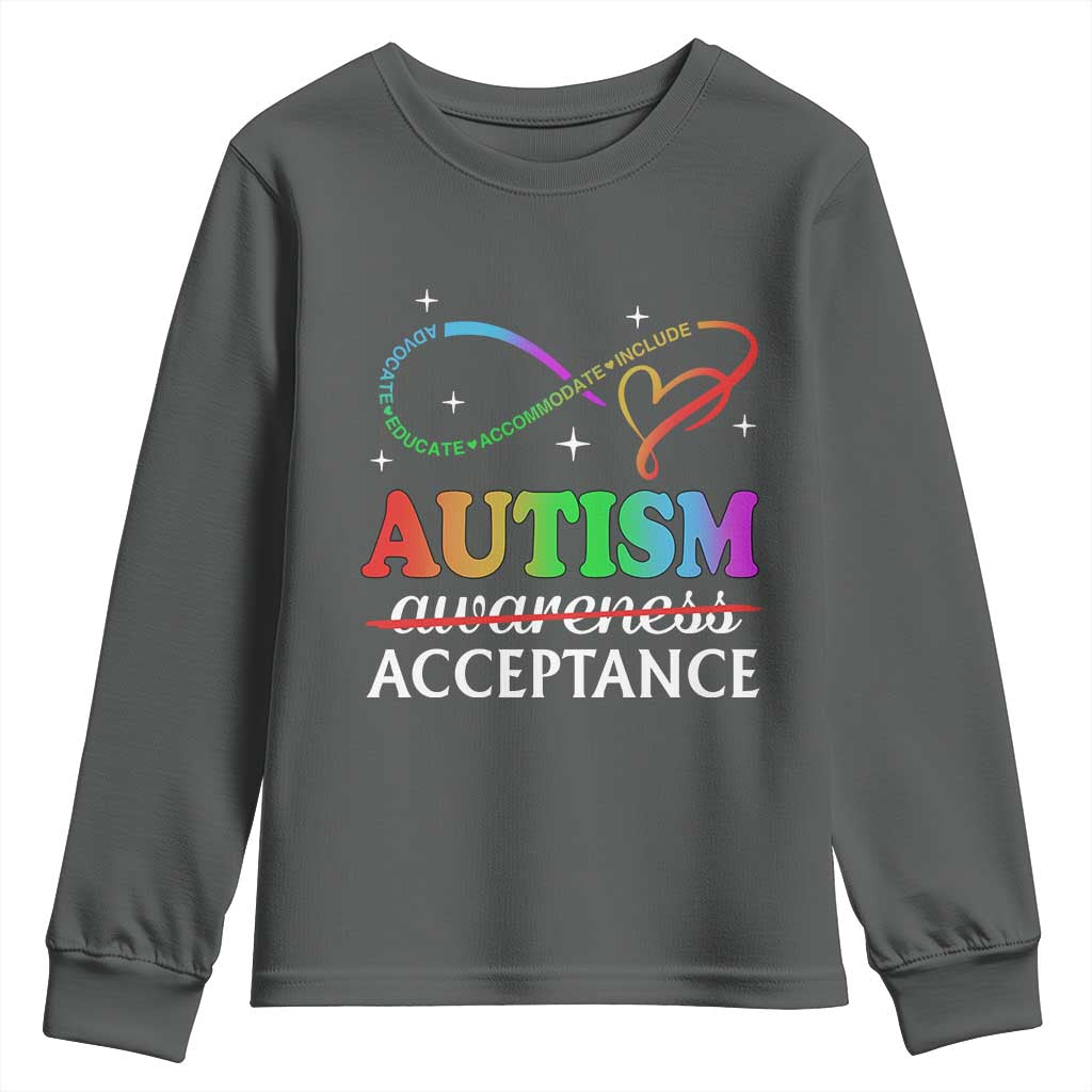 Autism Awareness Acceptance Youth Sweatshirt Advocate Educate Accommodate Include Infinity Symbol TS11 Dark Heather Print Your Wear