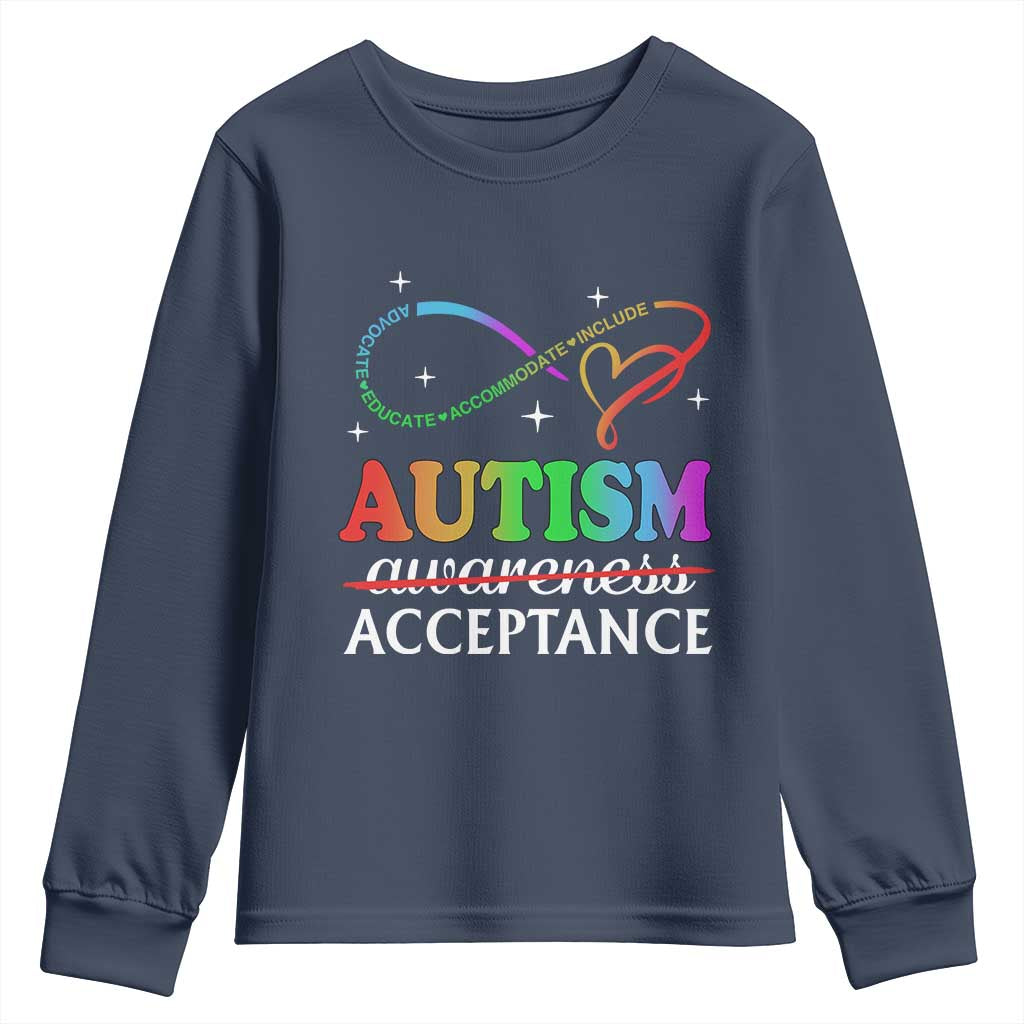 Autism Awareness Acceptance Youth Sweatshirt Advocate Educate Accommodate Include Infinity Symbol TS11 Navy Print Your Wear