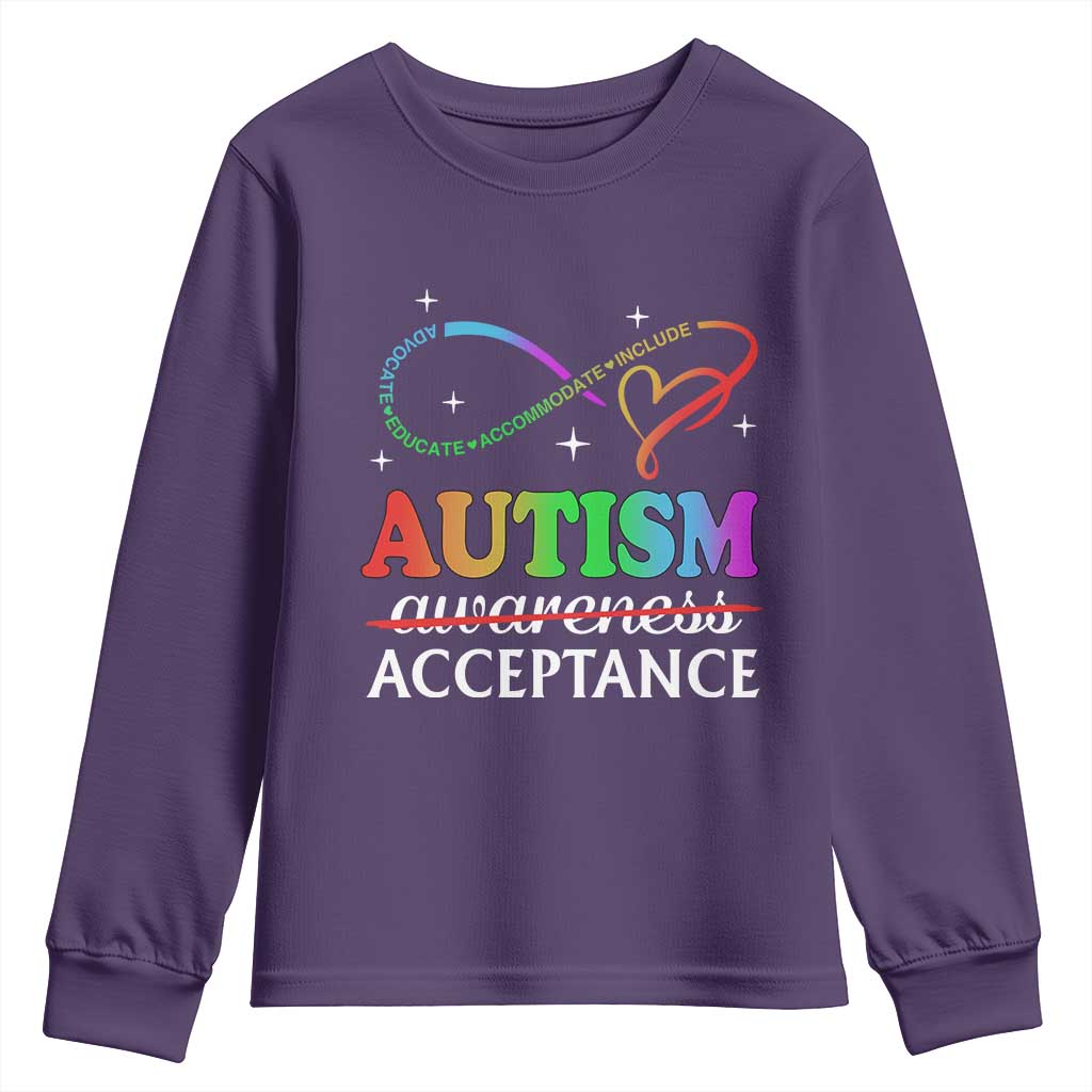 Autism Awareness Acceptance Youth Sweatshirt Advocate Educate Accommodate Include Infinity Symbol TS11 Purple Print Your Wear