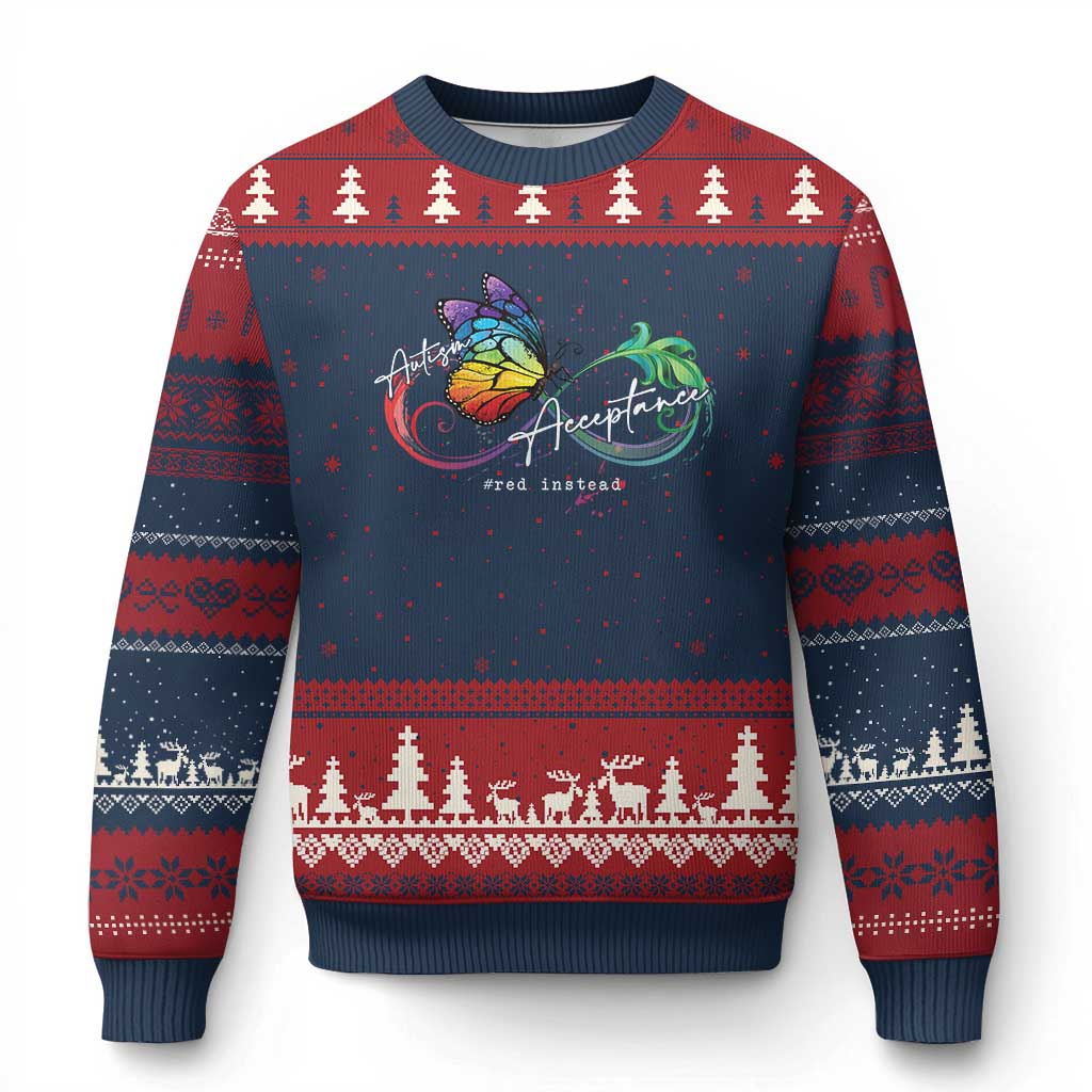 Autism Awareness Acceptance Red Instead Ugly Christmas Sweater Infinity Symbol Rainbow Butterfly Feather TS11 Navy Red Print Your Wear