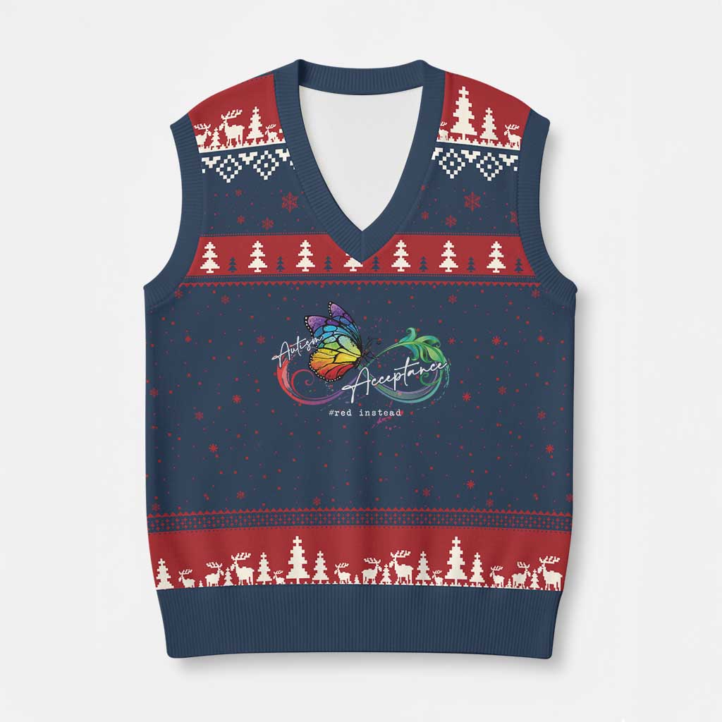 Autism Awareness Acceptance Red Instead V-Neck Knit Sweater Vest Infinity Symbol Rainbow Butterfly Feather TS11 Navy Red Print Your Wear