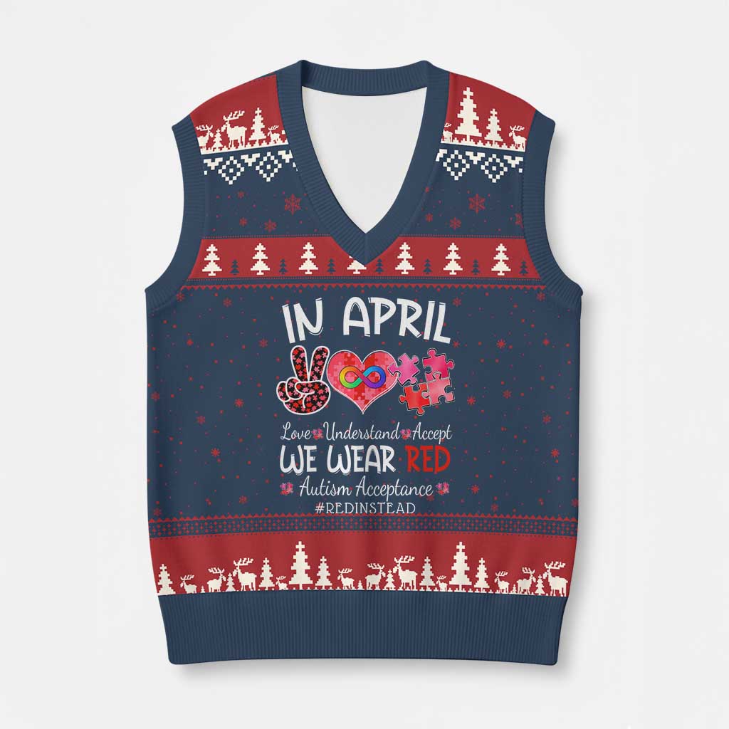 Autism Awareness Acceptance Red Instead V-Neck Knit Sweater Vest In April We Wear Red Peace Love Puzzle TS11 Navy Red Print Your Wear