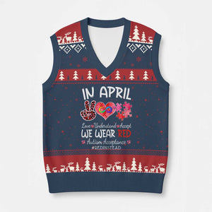 Autism Awareness Acceptance Red Instead V-Neck Knit Sweater Vest In April We Wear Red Peace Love Puzzle TS11 Navy Red Print Your Wear